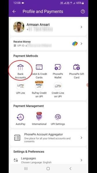 Step 2: PhonePe में Bank Account / Add Bank Account विकल्प पर जाएं।